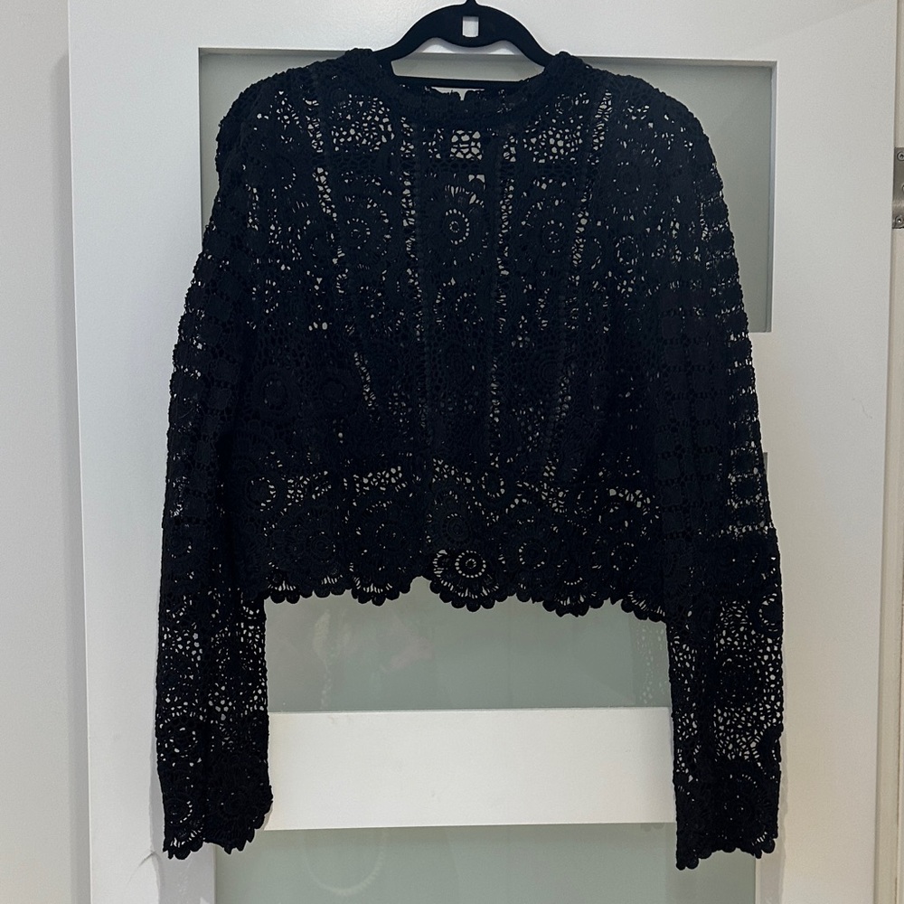 Chic Black Crochet Long Sleeve Crop Top